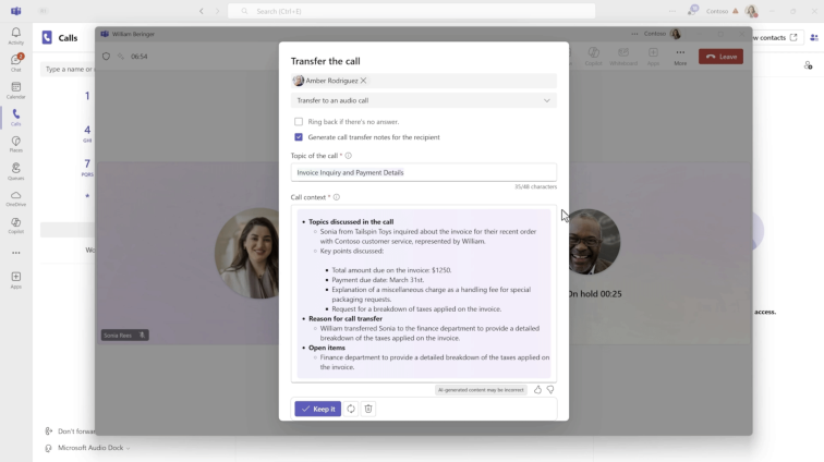 Screenshot of transferring Teams call with AI summary