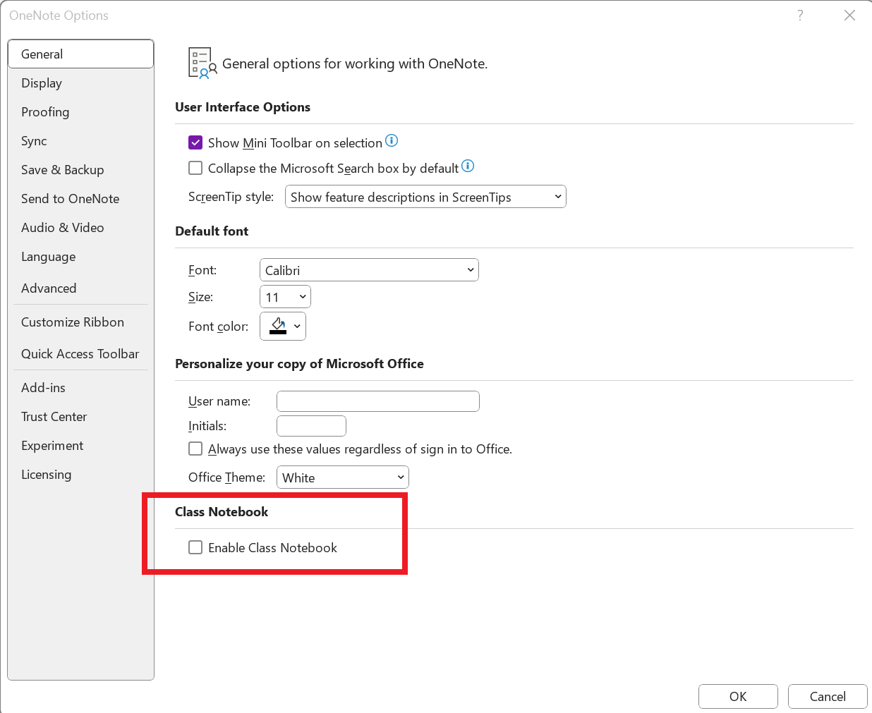 Navigate to File > Options > General and select "Enable Class Notebook" at the bottom of the page