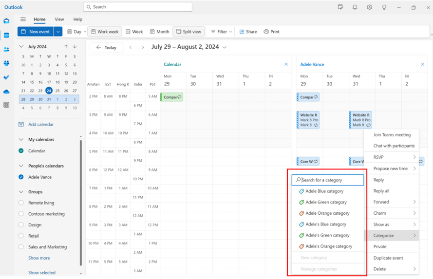 Screenshots showing executive categories in calendar space in new Outlook