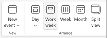 Screenshot of ribbon in new Outlook with selections to change your calendar view