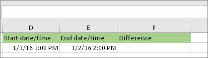 Start date of 1/1/16 1:00 PM; End date of 1/2/16 2:00 PM