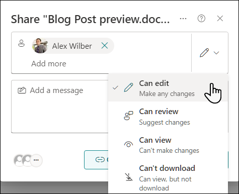 Select a permission setting for people invited to share a document