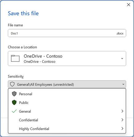Screenshot of the Save dialog with the sensitivity bar expanded to show sensitvity label options.