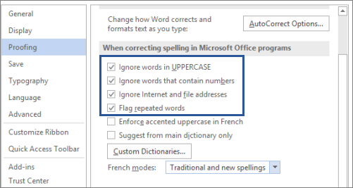 Options to ignore words when correcting spelling