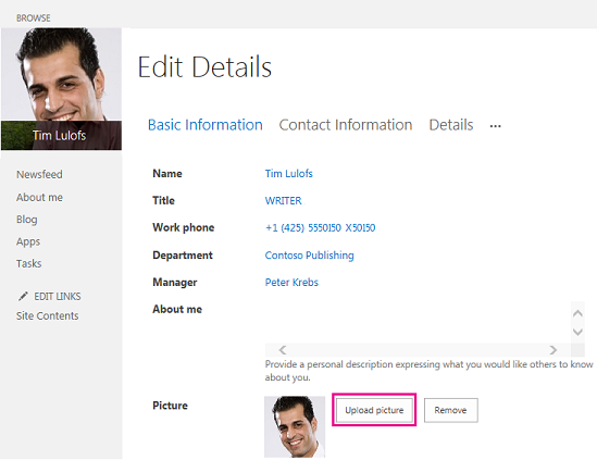 Screenshot Change picture SharePoint with Upload picture button highlighted