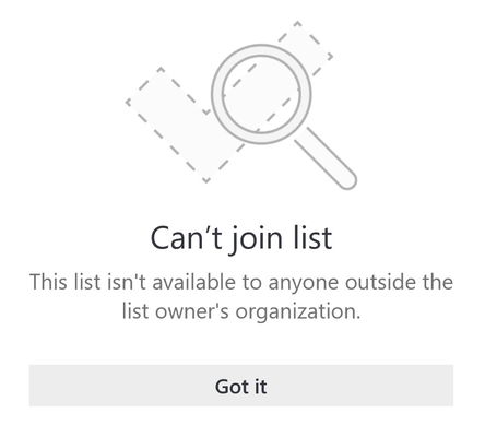 List sharing error message from Microsoft To Do that says "Can't join list. This list isn't available to anyone outside the list owner's organization."