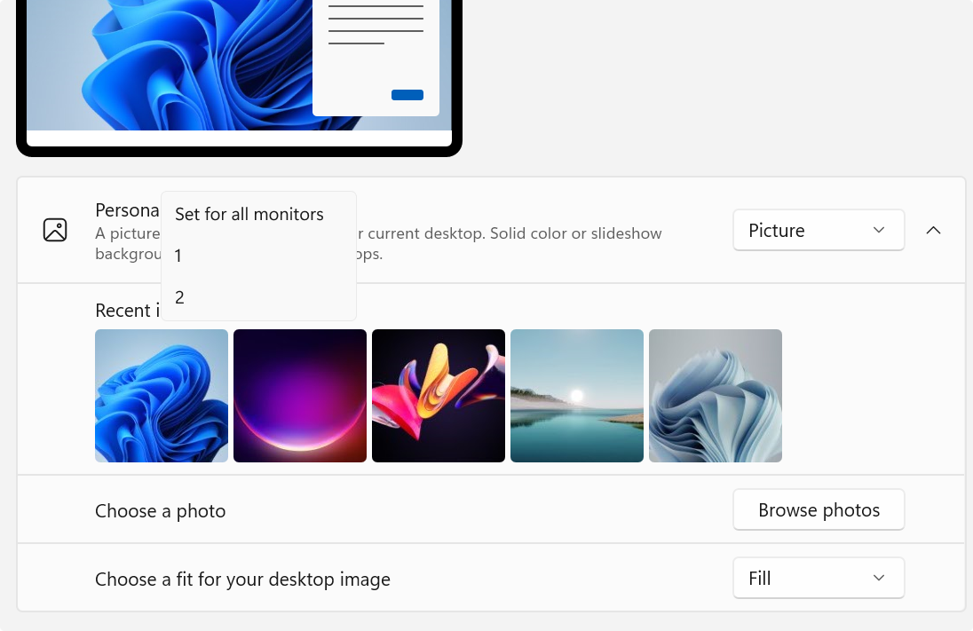 Screenshot of Settings- configuring a background for a specific monitor.