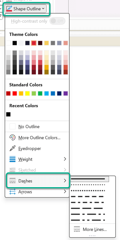 Shows different line styles in Office