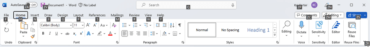 KeyTips shown over each option in the ribbon in Word.