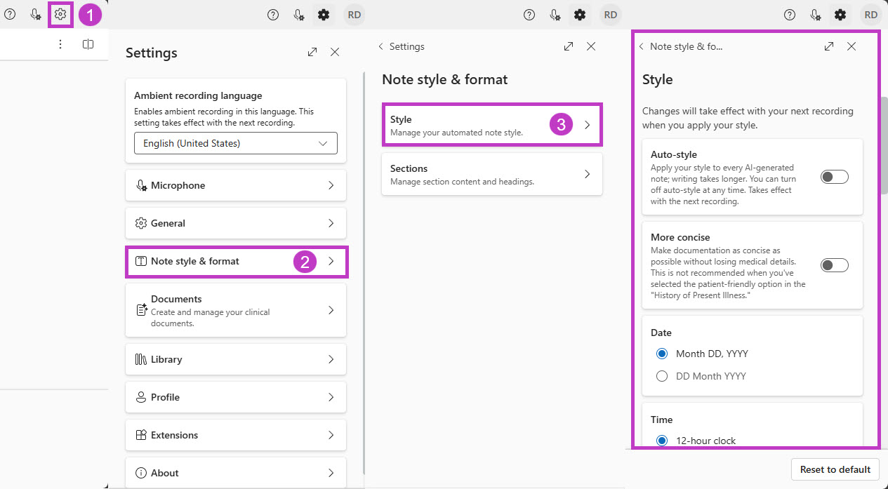 Steps showing (1) Settings (gear icon) highlighted; (2) the Style option highlighted, and (3) the Style & format panel highlighted.