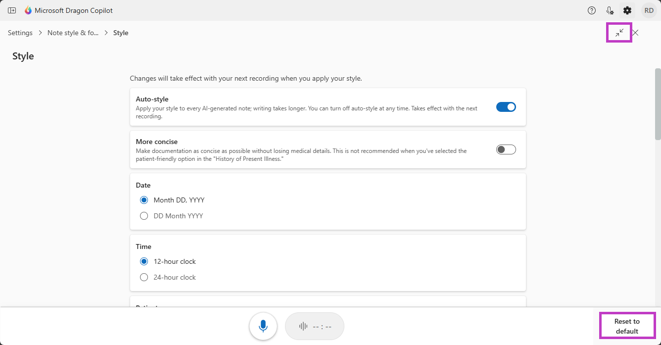 Style settings screen highlighting the expand icon and Reset to default