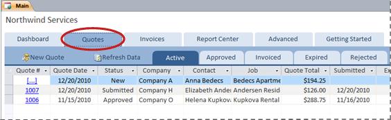 Quotes tab of the Services database template
