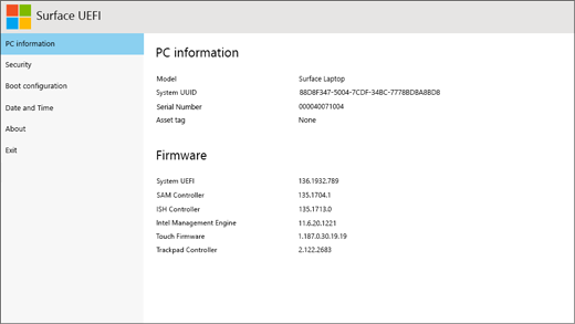 The PC information screen of Surface UEFI