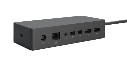 Shows the side and back of Surface Dock with security port, power, ethernet, audio, mini DisplayPorts, and USB