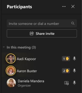 Image showing participants on the left of the screen with hand raise icons.