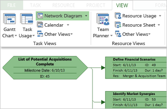 Task Views group on the ribbon and part of a sample Network Diagram