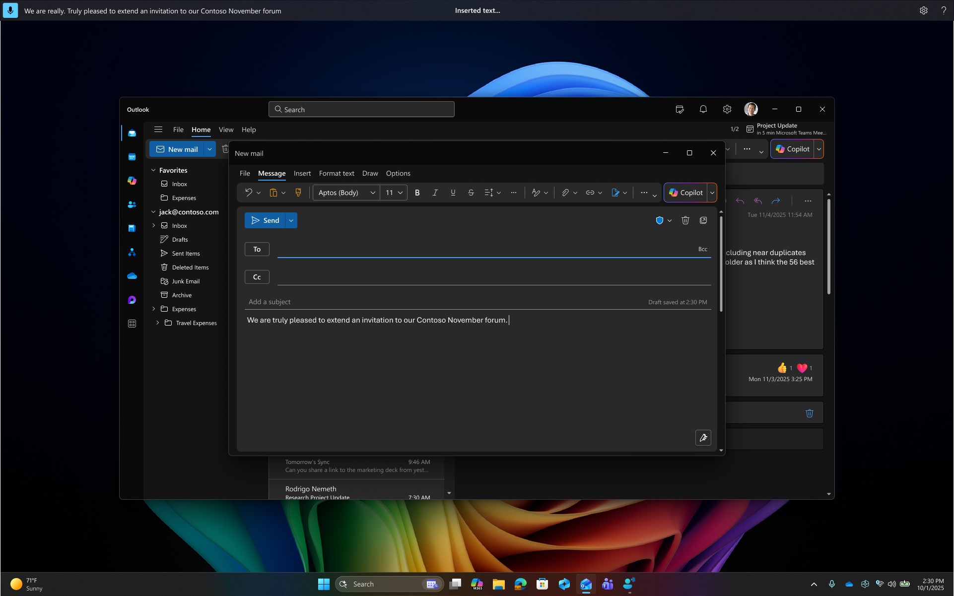 The dictated text successfully added to an email draft in Outlook using fluid dictation.
