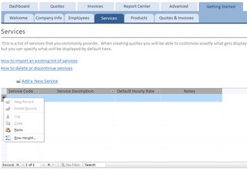 Shortcut menu on the Services datasheet
