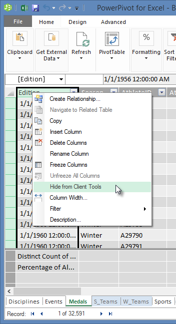 right-click to hide table fields from Excel Client Tools