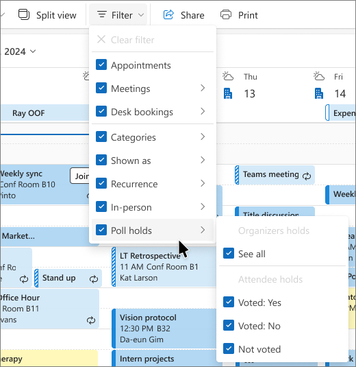 Calendar filters menu
