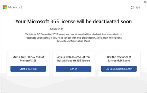 Microsoft 365 deactivation error options