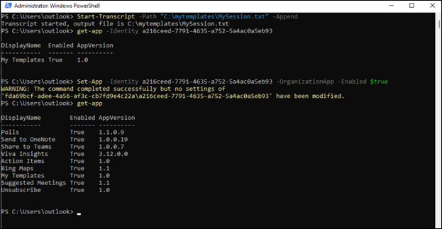 Admin powershell window for Outlook