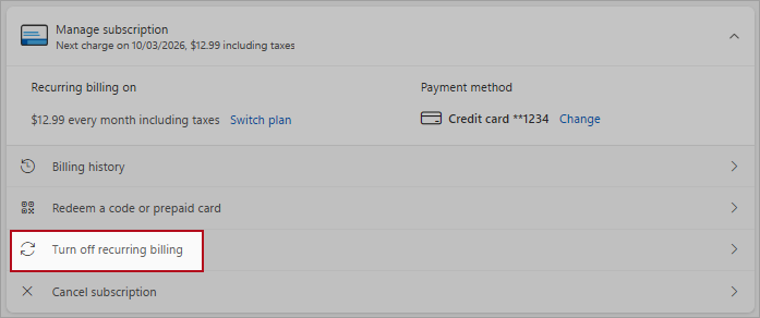 Screenshot highlight the location of the button to turn off recurring billing.