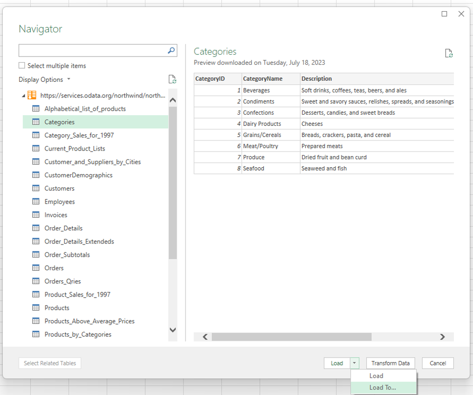 Set up a Power Query connection for Python in Excel. Choose the Categories table from OData.