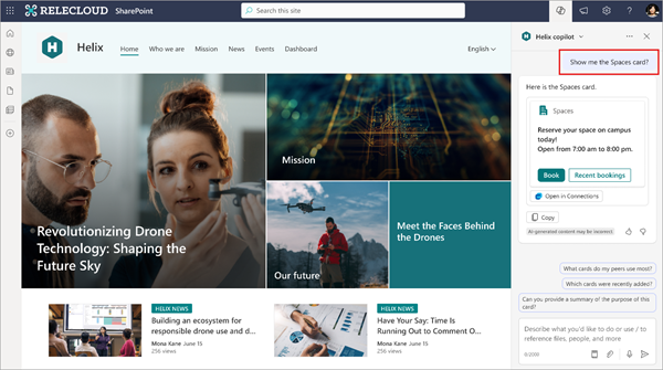 Screenshot of prompt in Copilot chat to display Spaces card.