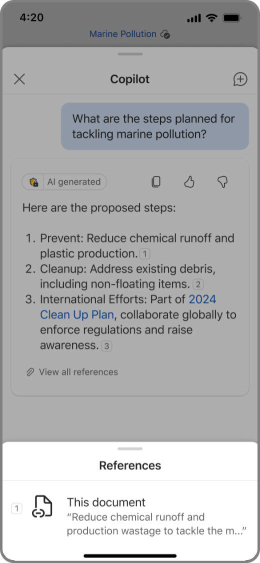 Screenshot of Copilot in Word on iOS device with Copilot's result and its references
