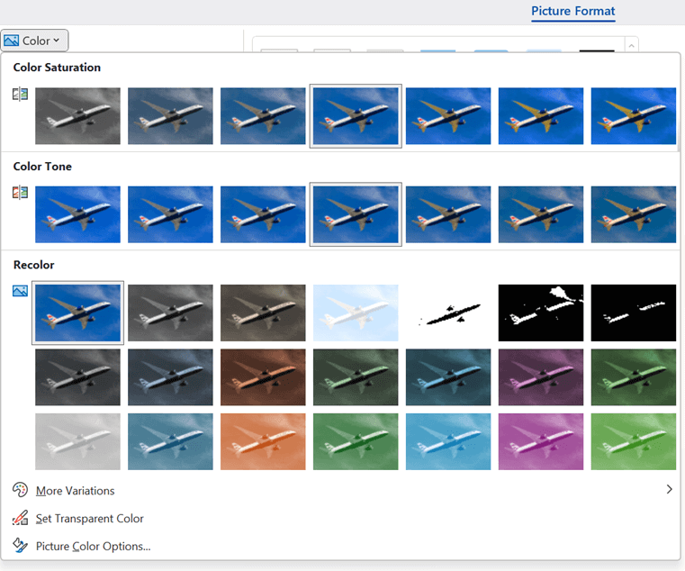 on the Picture Format tab, you'll find the gallery of Color options for tone and saturation.