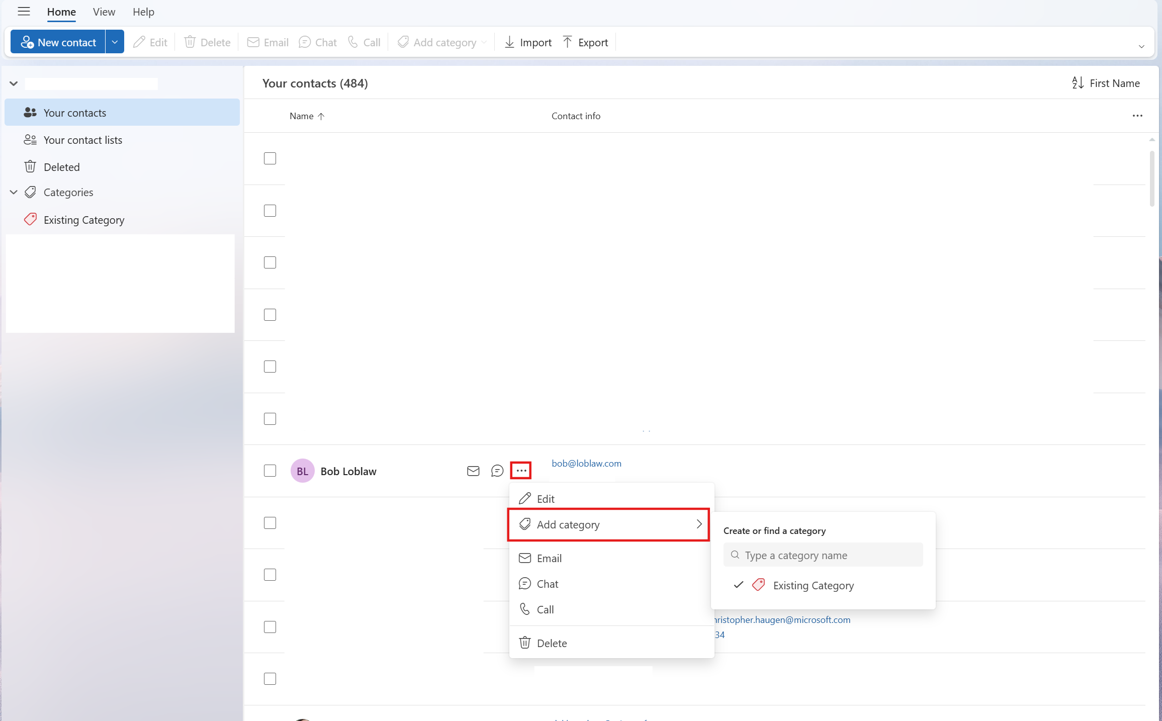 existing category on hovering over a contact