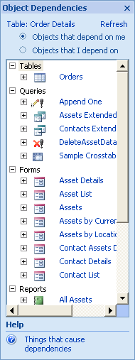 The Object Dependencies pane