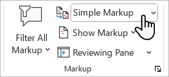 Screenshot showing where you can set the level of the markup you want to see in your Word document.