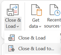 The Close & Load options for the Power Query editor.