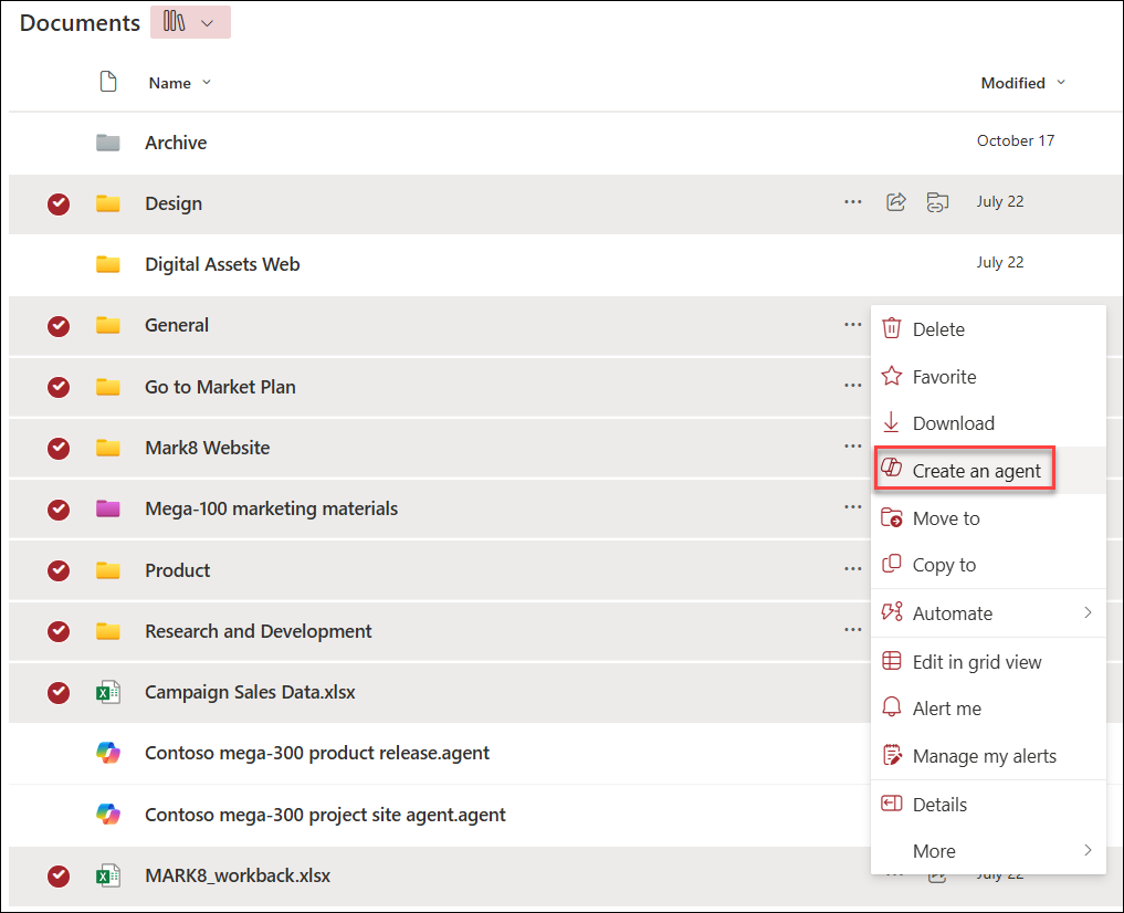 The screenshot of creating a new copilot agent by selecting files