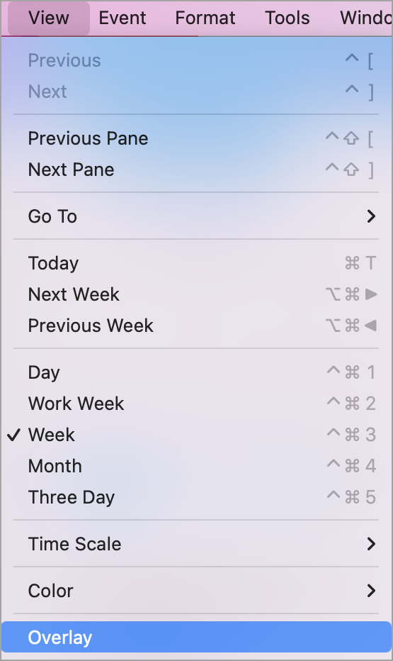 View drop down menu with Overlay selected