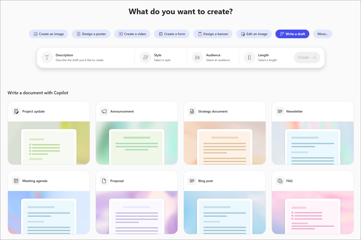 Write a draft option in Copilot Create.