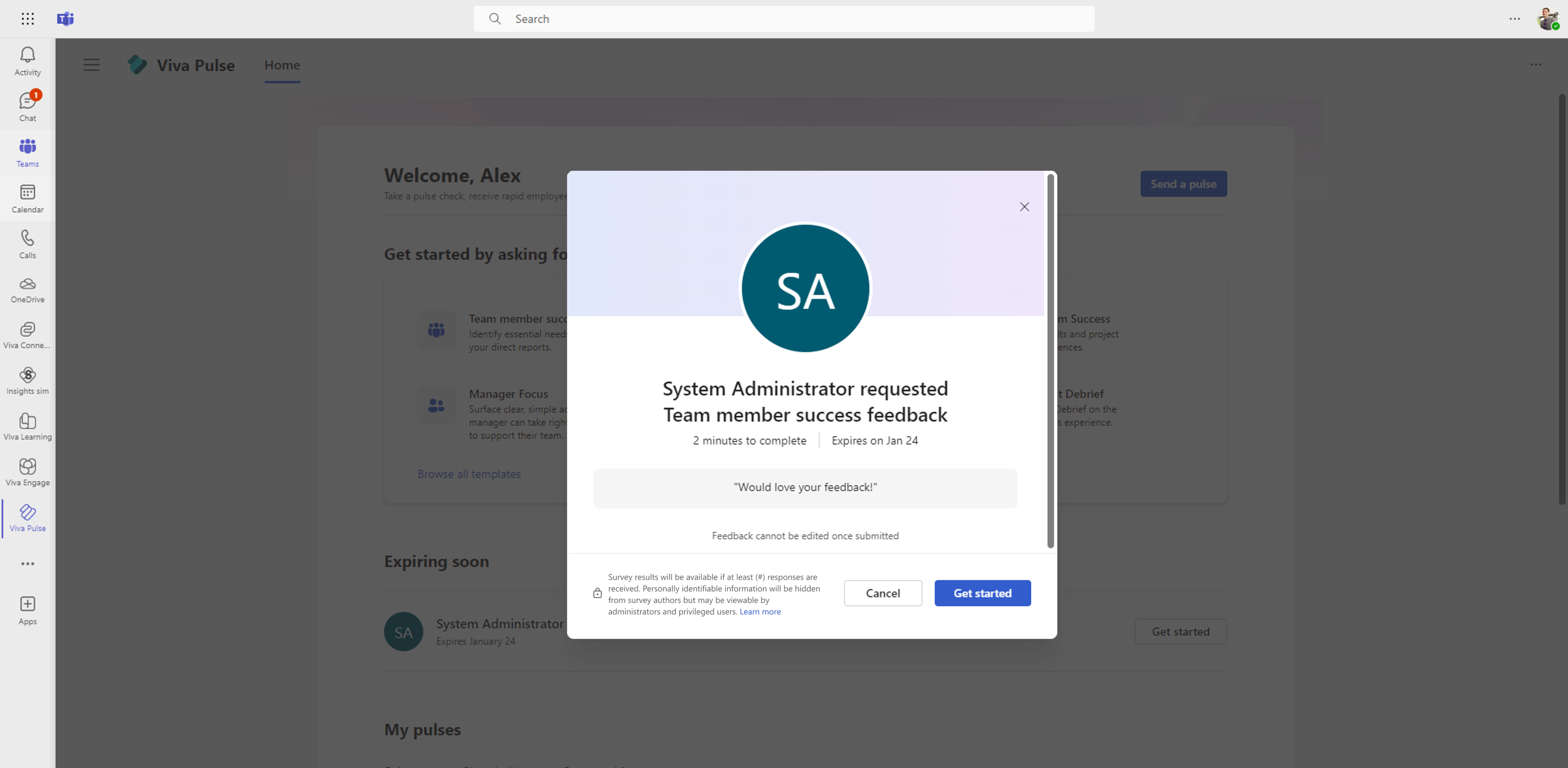 The screenshot shows the first card a user sees when they open a pulse to provide their feedback