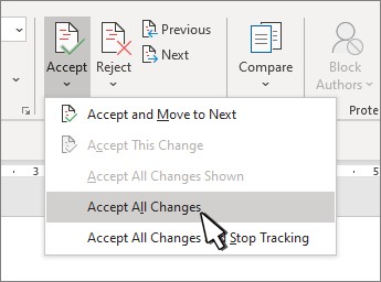 Drop down with Accept All Changes option in Word