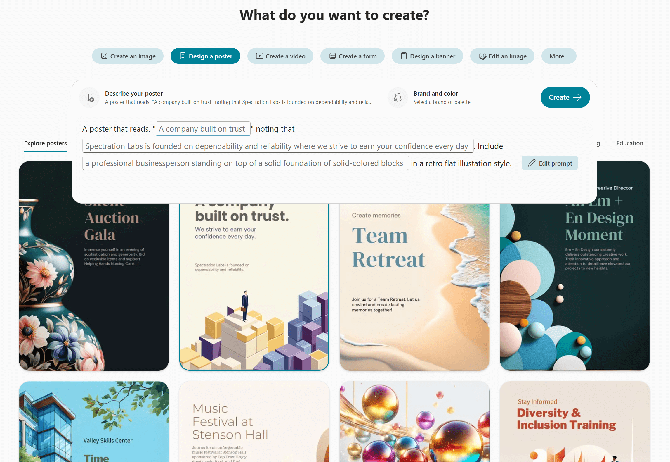 The Create module of the Microsoft 365 Copilot app with Design a Poster selected. A template has been selected and the prompt box is open suggesting a prompt for the customer to use.
