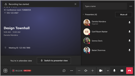 Screenshot showing an MTR joining a meeting in attendee view, with button to switch to presenter view.