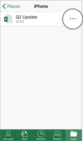 Screenshot of Places > iPhone screen in Excel for iOS devices.