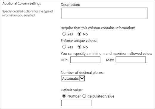 Choices for the numeric column