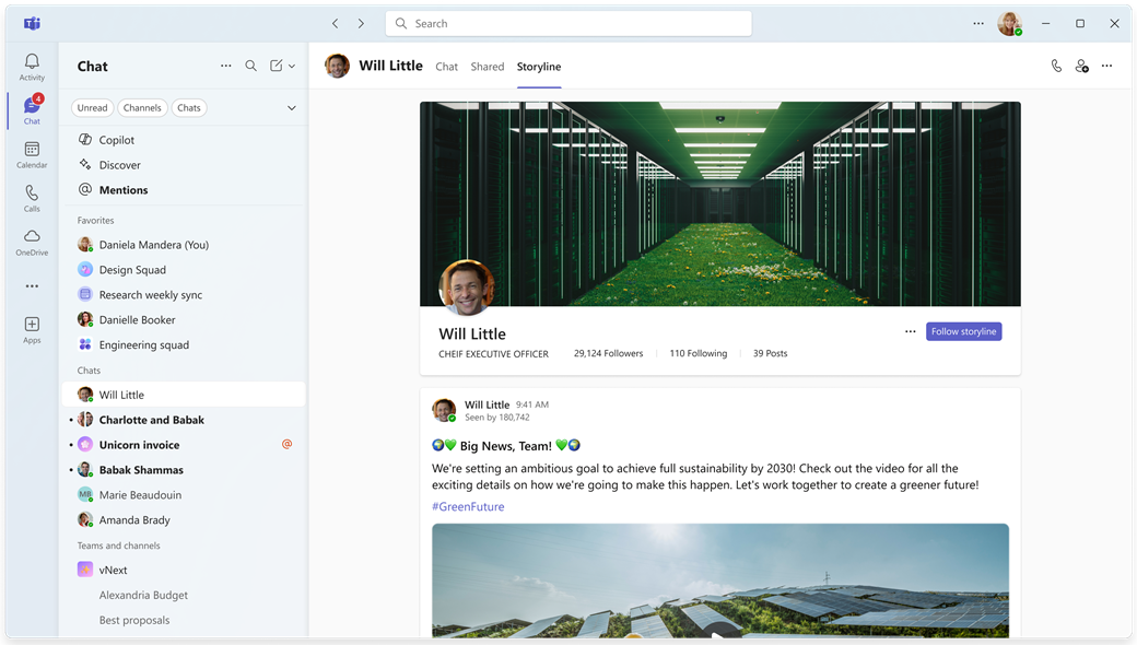Storyline example in Teams. Note that Viva Engage isn't installed through the left rail.