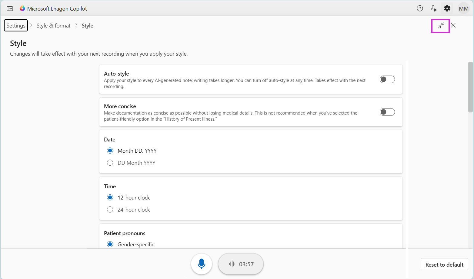 The Style settings screen highlighting the expand icon.