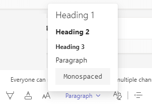 The Styles button and list in Microsoft Teams.