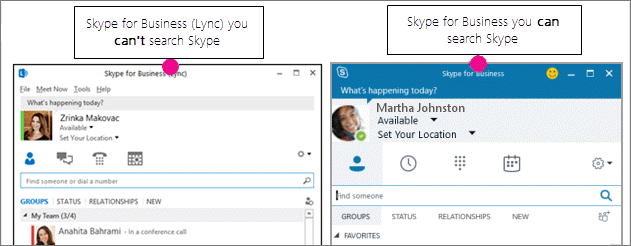 Side by side comparison of the Skype for Business contacts page and Skype for Business (Lync) page