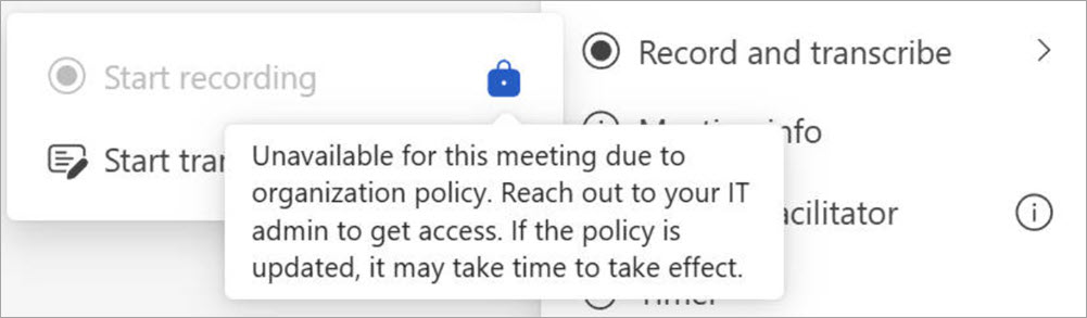 Screen with recording and transcription buttons, displaying a pop-up indicating that only users designated as admins can initiate recording.