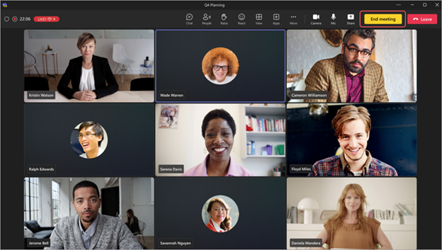 Screenshot of a Microsoft Teams meeting or event with the End event button highlighted.
